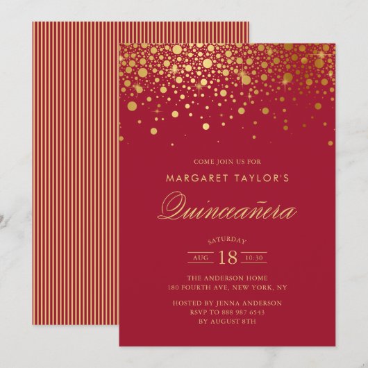 Imitate Gold Foil Confetti Rote Quinceañera Einladung (Vorne/Hinten)
