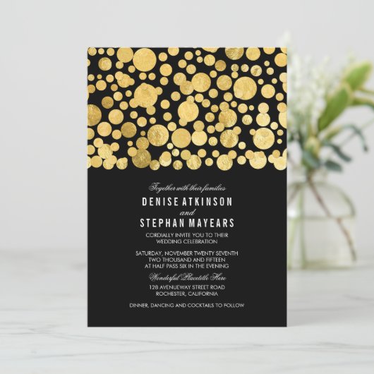 Imitate Gold Foil Confetti Schwarze Hochzeit Einla Einladung (Stehend Vorderseite)