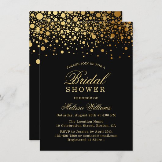 Imitate Gold Foil Confetti | Schwarzes Brautparty Einladung (Vorne/Hinten)