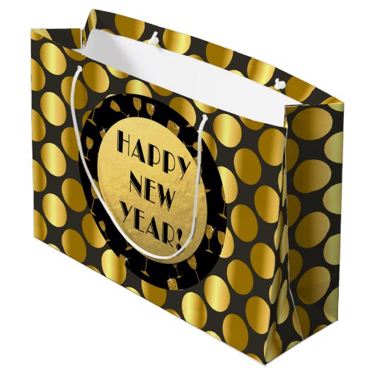 Imitate Gold Foil Dots, glücklich Neues Jahr! Gesc Große Geschenktüte (Rückseite Schrägansicht)