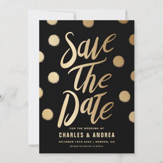 Imitate Gold Foil Dots Moderne Schwarz Save The Date (Vorderseite)