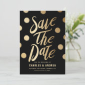 Imitate Gold Foil Dots Moderne Schwarz Save The Date (Stehend Vorderseite)