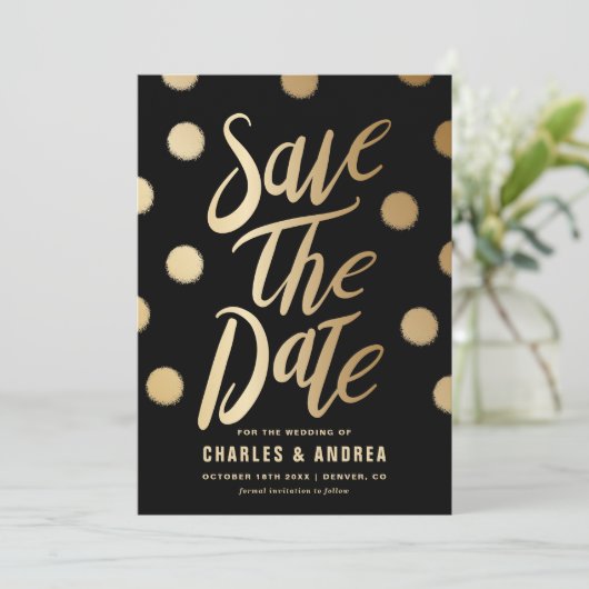 Imitate Gold Foil Dots Moderne Schwarz Save The Date (Stehend Vorderseite)