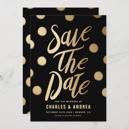 Imitate Gold Foil Dots Moderne Schwarz Save The Date (Vorne/Hinten)