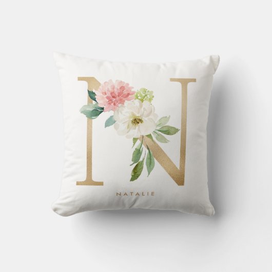 Imitate Gold Foil Floral Letter N Monogramm Kissen (Vorderseite)