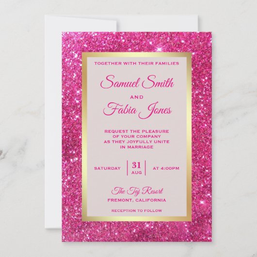 Imitate Gold Foil Hot Pink Glitzer Einladung Hochz (Vorderseite)