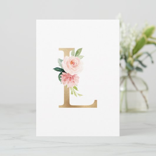 Imitate Gold Foil Letter L Blush Floral Monogramm Einladung (Stehend Vorderseite)