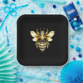 Imitate Gold Foil Logo Bee Polygonal auf Schwarz Pappteller (Party)