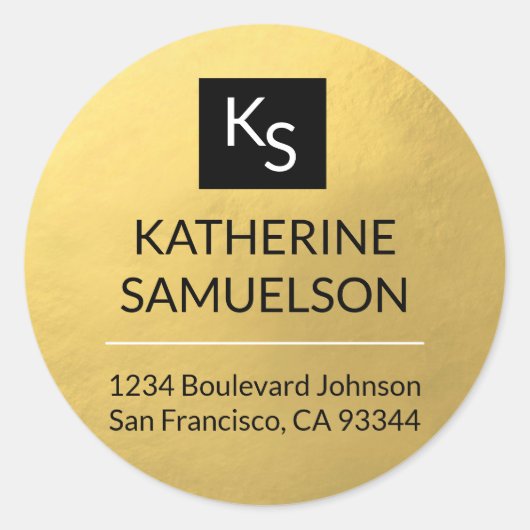 Imitate GOLD FOIL Name MONOGRAM & Rücksendeadresse Runder Aufkleber (Vorderseite)