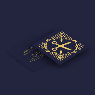 Imitate Gold Foil Scheren Friseursalon Navy Blue Quadratische Visitenkarte