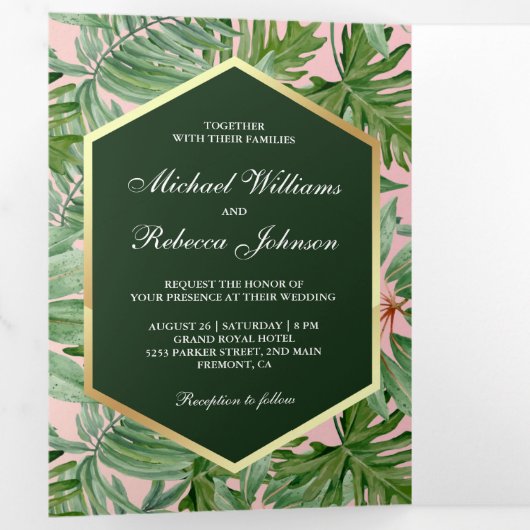 Imitate Gold Foil Tropical Palm Blätter Foto Hochz Dreifach Gefaltete Einladung (Innen Erste Seite)