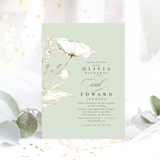 Imitate Gold Foil Wildblumen Sage Green Wedding Einladung