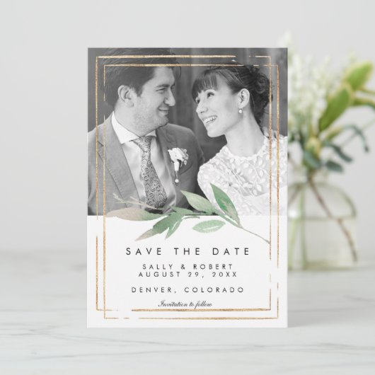 Imitate Gold Foto Hochzeit speichern Sie die Datum Dankeskarte (Stehend Vorderseite)