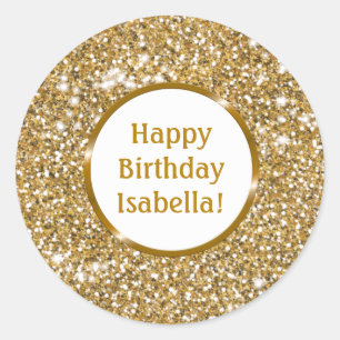 Imitate Gold Gelber Glitzer Custom Happy Birthday Runder Aufkleber