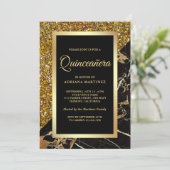 Imitate Gold Glitzer Black Gold Marmor Quinceanera Einladung (Stehend Vorderseite)