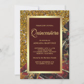 Imitate Gold Glitzer Burgundy Red Marble Quinceane Einladung (Vorderseite)