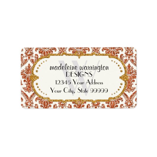 Imitate Gold Glitzer Damask Blumenmuster Business Adressaufkleber (Vorne)