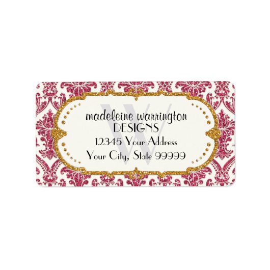 Imitate Gold Glitzer Damask Blumenmuster Business Adressaufkleber (Vorne)