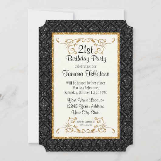 Imitate Gold Glitzer Damask Ticket Style Geburtsta Einladung (Vorderseite)