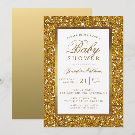 Imitate Gold Glitzer Elegante Babydusche Einladung (Vorne/Hinten)