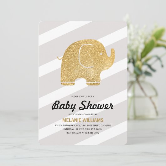 Imitate Gold Glitzer Elephant Gray Baby Dusche ein Einladung (Stehend Vorderseite)