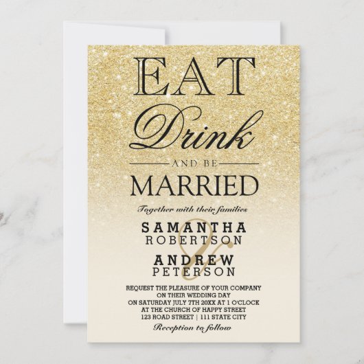 Imitate Gold Glitzer Elfenbein ombre essen trinken Einladung (Vorderseite)