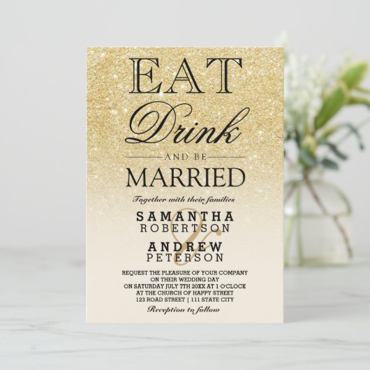 Imitate Gold Glitzer Elfenbein ombre essen trinken Einladung (Stehend Vorderseite)