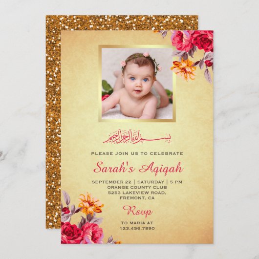 Imitate Gold Glitzer Floral Baby Girl Foto Aqiqah Einladung (Vorne/Hinten)