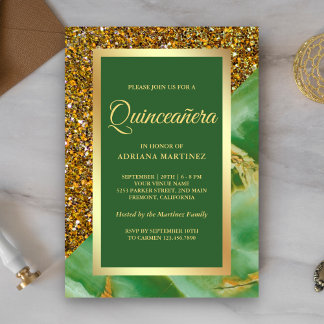 Imitate Gold Glitzer Grüner Marmor Quinceanera Einladung