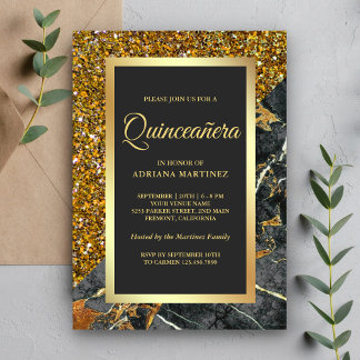 Imitate Gold Glitzer Kohle Grau Marmor Quinceanera Einladung