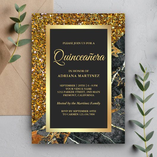 Imitate Gold Glitzer Kohle Grau Marmor Quinceanera Einladung