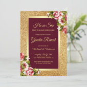 Imitate Gold Glitzer Maroon Floral Gender Reveal Einladung (Stehend Vorderseite)