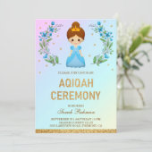 Imitate Gold Glitzer Niedlich Blue Princess Aqiqah Einladung (Stehend Vorderseite)
