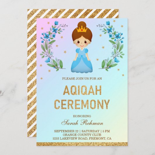 Imitate Gold Glitzer Niedlich Blue Princess Aqiqah Einladung (Vorne/Hinten)
