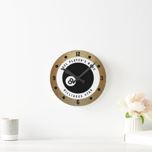Imitate Gold Glitzer Pool Player Billard Runde Wanduhr (Zuhause)