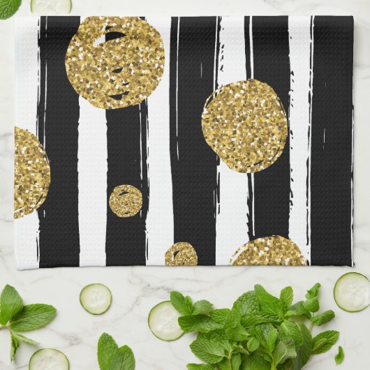 Imitate Gold Glitzer Punkte Schwarz-weiße Streifen Geschirrtuch (Gefaltet)