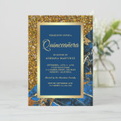Imitate Gold Glitzer Royal Blue Marble Quinceanera Einladung (Stehend Vorderseite)