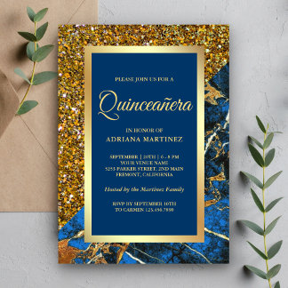 Imitate Gold Glitzer Royal Blue Marble Quinceanera Einladung