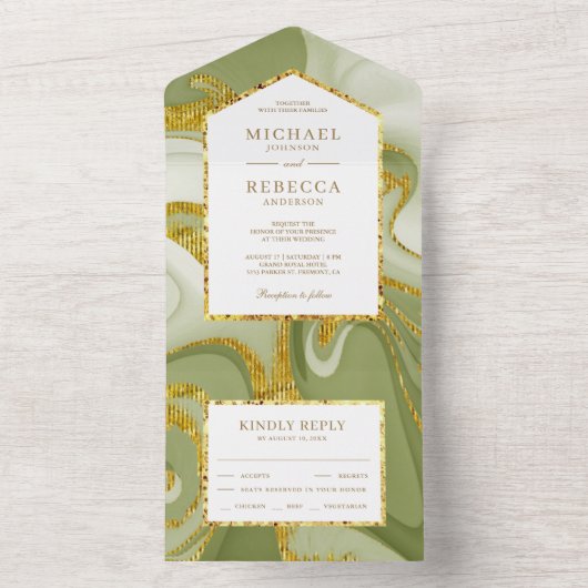 Imitate Gold Glitzer Sage Green Marble Hochzeit All In One Einladung (Innen Boden)