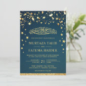 Imitate Gold Glitzer Stars Blaue muslimische Hochz Einladung (Stehend Vorderseite)