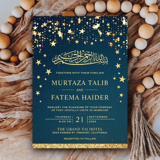 Imitate Gold Glitzer Stars Blaue muslimische Hochz Einladung