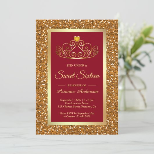 Imitate Gold Glitzer Tiara Princess Red 16 . Gebur Einladung (Stehend Vorderseite)