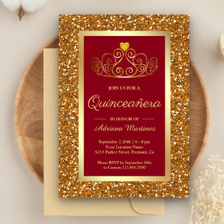 Imitate Gold Glitzer Tiara Princess Red Quinceaner Einladung