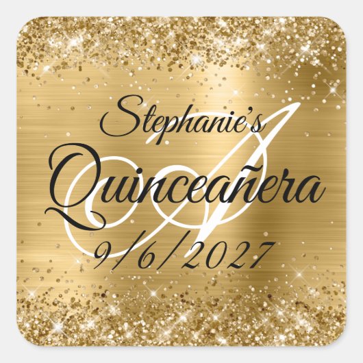 Imitate Gold Glitzer und Foil Quinceañera Quadratischer Aufkleber (Vorderseite)