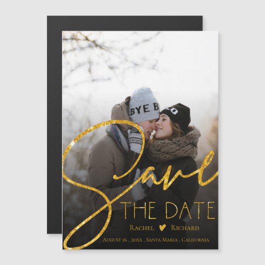 Imitate Gold Glitzer Wedding Foto Save the Date Magneteinladung (Vorne/Hinten)