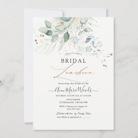 Imitate Gold Green Watercolor Eukalyptus Luncheon Einladung (Vorderseite)