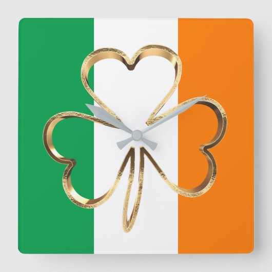 Imitate Gold Kleeblatt Closing Irish Flag Quadratische Wanduhr (Vorderseite)