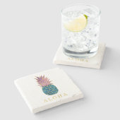 Imitate Gold mit blauer und Lila Ananas Aloha Steinuntersetzer (Seitenansicht)