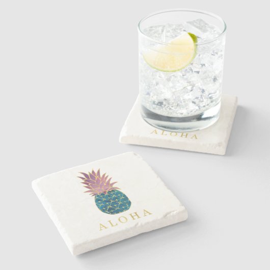 Imitate Gold mit blauer und Lila Ananas Aloha Steinuntersetzer (Seitenansicht)