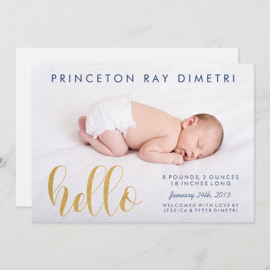 Imitate Gold Modern Hello Birth Ankündigung (Vorne/Hinten)